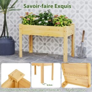 Canteiro elevado de madeira com prateleira e furos de drenagem Canteiro elevado marrom