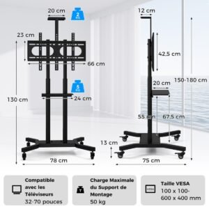 Suporte de TV de chão ajustável em altura com prateleira AV para TVs de 32 a 70 polegadas