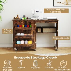 Mesa de costura dobrável com estação de carregamento, carrinho de artesanato com prateleira e gavetas, armário de armazenamento, marrom rústico