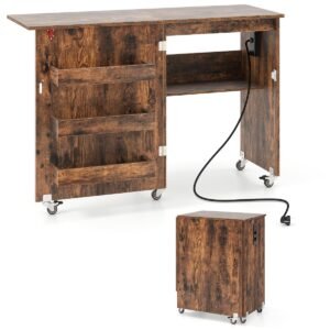 Mesa de costura dobrável com estação de carregamento, carrinho de artesanato dobrável com prateleira e gavetas, armário de armazenamento natural