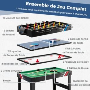 Conjunto de mesa de jogo combinado com pebolim, hóquei de ar, sinuca, xadrez e pingue-pongue