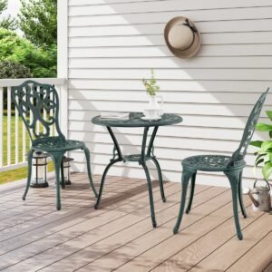 Conjunto de móveis de jardim de 3 peças, mesa de bistrô de alumínio fundido com 2 cadeiras, conjunto de varanda à prova de intempéries, branco