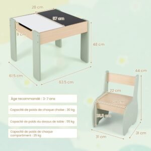 Conjunto de assentos infantis de madeira 4 em 1, 3 peças, com mesa removível e espaço de armazenamento, rosa