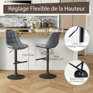 Conjunto de 2 bancos de bar com altura ajustável e base de metal antiderrapante - marrom