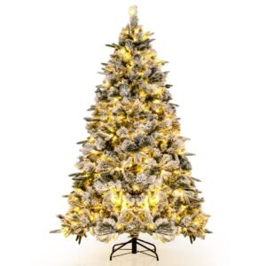 Árvore de Natal artificial de 210 cm com neve e abeto iluminado com 300 luzes LED brancas quentes