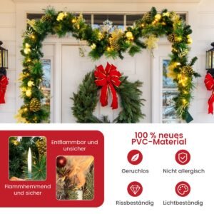 Guirlanda de Natal artificial de 60 cm com 35 LEDs brancos quentes, pinhas e frutas vermelhas