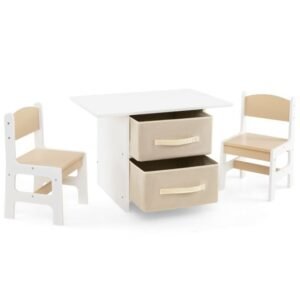 Conjunto de mesa infantil e 2 cadeiras, conjunto de escrivaninha de 3 peças com cestos de armazenamento removíveis para sala de jogos cinza