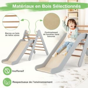 Conjunto de triângulo de escalada de madeira para crianças com escorregador - Natural