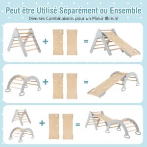 Conjunto de 3 brinquedos de escalada triangulares de madeira para crianças pequenas - Branco
