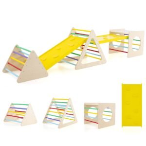 Conjunto de triângulo de escalada de madeira para crianças com escorregador