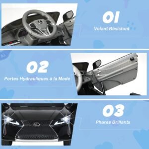 Carro elétrico infantil com controle remoto 2.4G, luzes LED e música Lexus LC500, veículo infantil branco