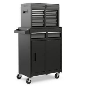 Armário de armazenamento de ferramentas de alta capacidade com rodas com trava - preto e vermelho