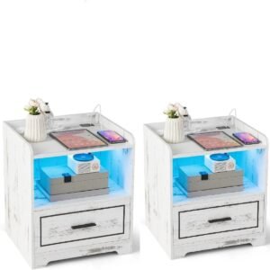 Conjunto de 2 mesas de cabeceira com luz LED, porta USB e estação de carregamento tipo C, mesa de cabeceira com sensor de movimento, branca