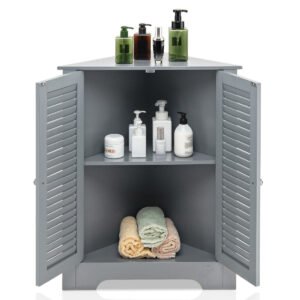 Armário de canto com 2 portas e prateleira ajustável, unidade de armazenamento independente para banheiro, hall de entrada, sala de estar e quarto, cinza.