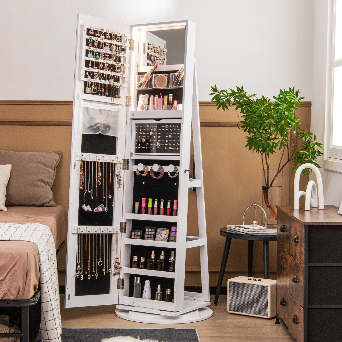 Armário de joias de 161 cm (altura) com espelho giratório de corpo inteiro 360° e luzes LED. - Image 2