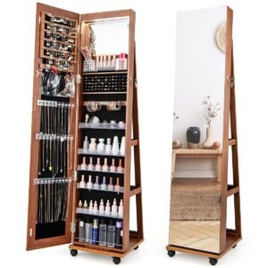 Armário para joias de 64 polegadas com fechadura e espelho de maquiagem embutido - Marrom