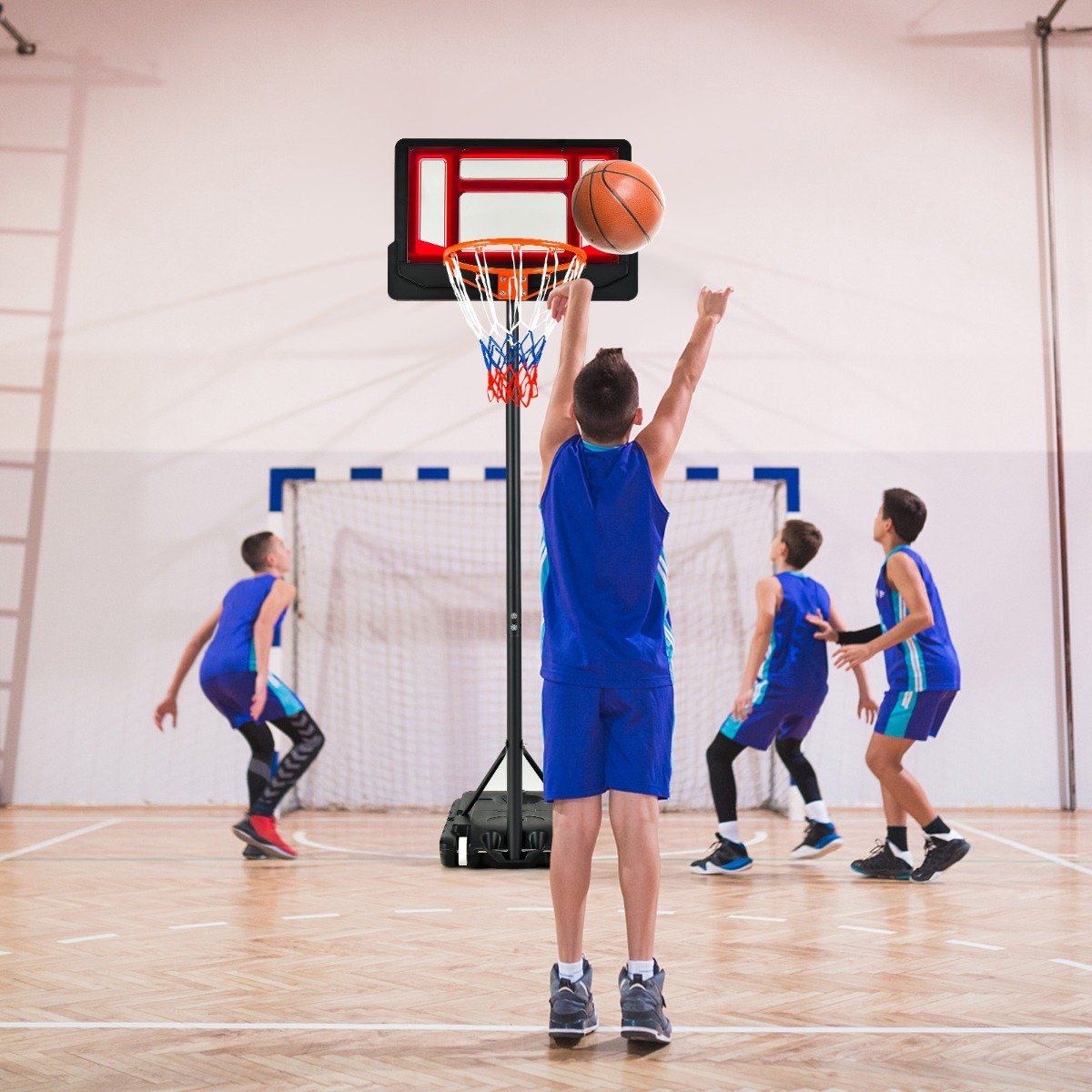 Cesta de basquete portátil de 1,3 a 2,5 metros com altura ajustável e rodas - Vermelha - Image 2