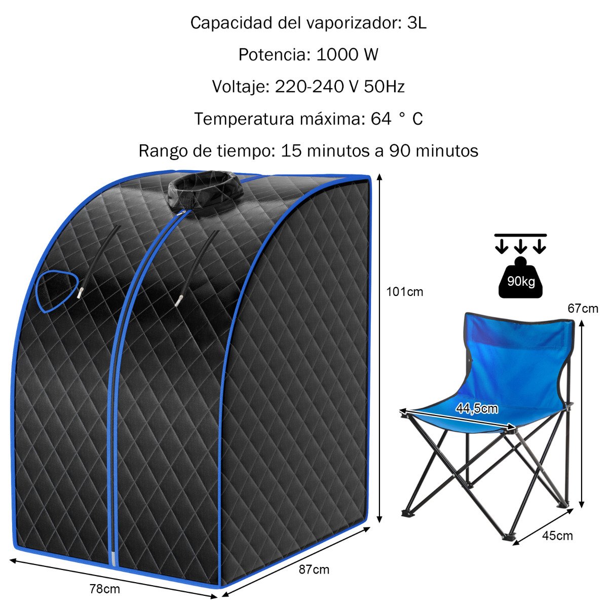 Mini sauna a vapor de 3 litros com função de atomização, sauna doméstica, 78 x 87 x 101 cm, preta. - Image 2