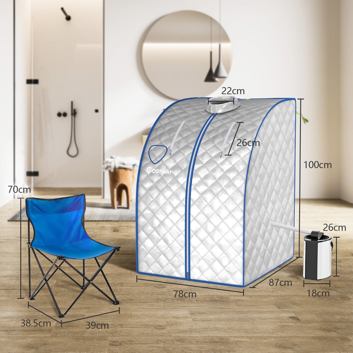 Sauna a vapor portátil com caldeira de vapor de 3L/1000W, controle remoto, cadeira dobrável e compartimento para medicamentos. Sauna a vapor com 9 temperaturas ajustáveis, cor prata. - Image 2