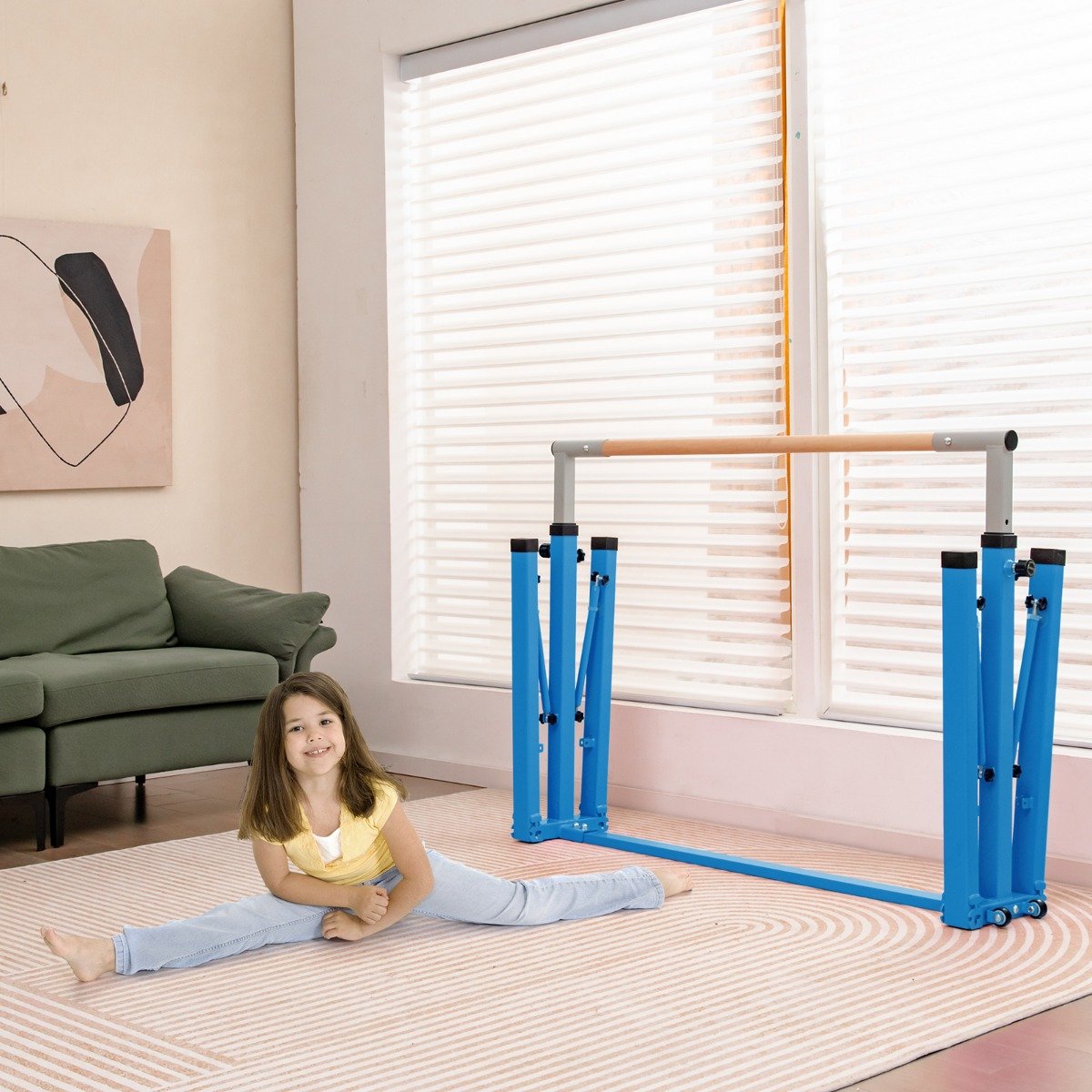 Barra de ginástica dobrável para crianças, equipamento de ginástica doméstico sem oscilação, 136 x 172 x (90-150) cm, azul. - Image 2