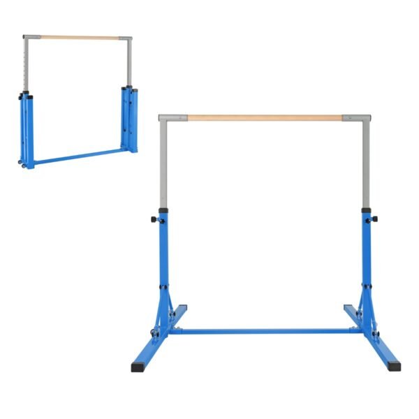 Barra de ginástica dobrável para crianças, equipamento de ginástica doméstico sem oscilação, 136 x 172 x (90-150) cm, azul.