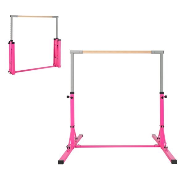 Barra de ginástica dobrável para crianças, equipamento de ginástica doméstico sem oscilação, 136 x 172 x (90-150) cm, rosa.