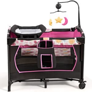 Parque infantil portátil conversível 3 em 1 com caixa de música, roda e freios - Rosa