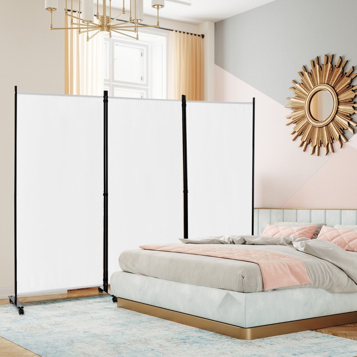 Divisória de Ambientes Dobrável de 3 Painéis com Rodízios para Sala de Estar e Quarto - Branca - Image 2