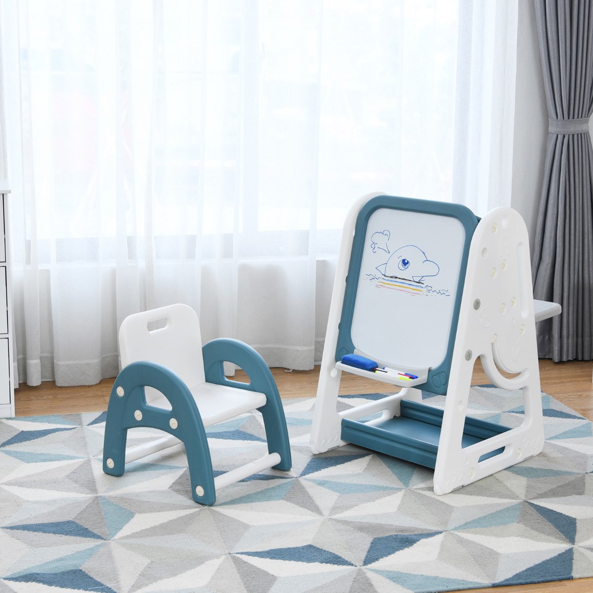 Conjunto infantil 2 em 1 com cavalete, cadeira, suporte para livros e prancheta ajustável para pintura artística - Azul - Image 2