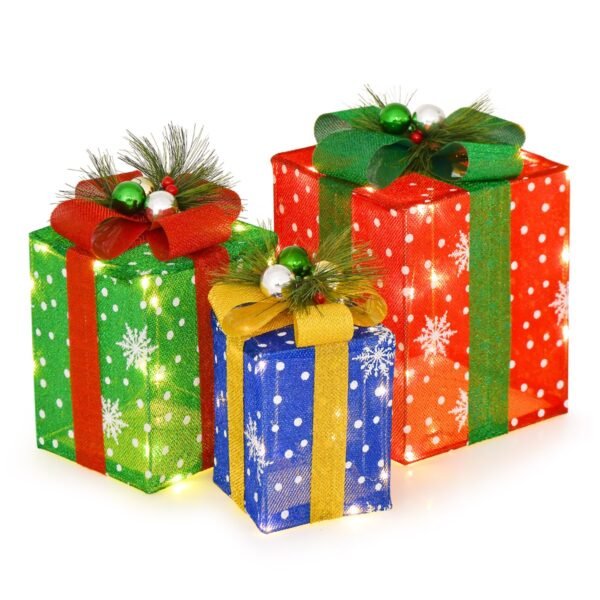 Conjunto de 3 caixas de presente LED com laço e 52 LEDs brancos quentes, caixas de Natal à prova d'água.