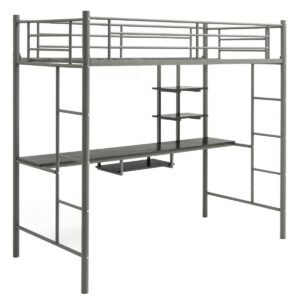 Beliche de metal com cama alta, escrivaninha e prateleiras de armazenamento - Prata