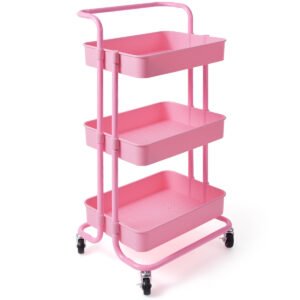 Carrinho utilitário de armazenamento com 3 níveis e rodízios - Rosa