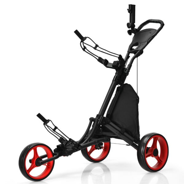 Carrinho de golfe dobrável com 3 rodas, bolsa, placar e alça ajustável - Vermelho
