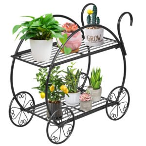 Carrinho de flores de metal resistente com suporte para plantas