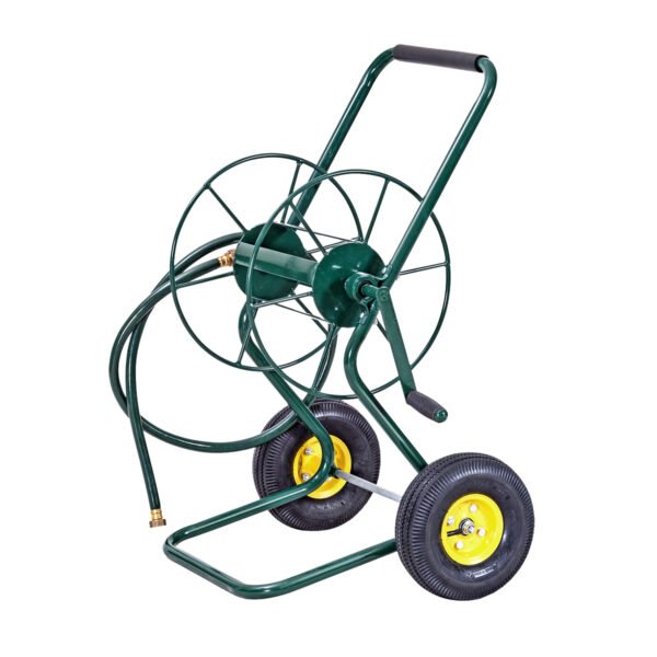Carrinho para mangueira de jardim com estrutura de aço e rodas