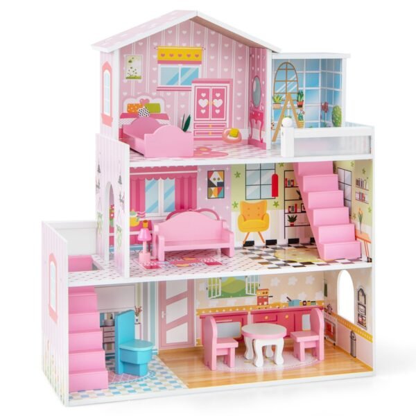 Casa de bonecas infantil de madeira com 5 cômodos simulados e 10 peças de mobília - Rosa