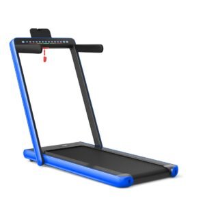 Esteira dobrável com visor duplo de LED, controle remoto e suporte para celular, 2.25HP, azul.