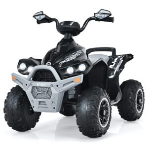 Quadriciclo elétrico infantil 12V com buzina musical e faróis de LED, preto.