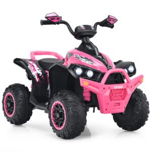 Quadriciclo elétrico infantil 12V com buzina musical e farol de LED, rosa.