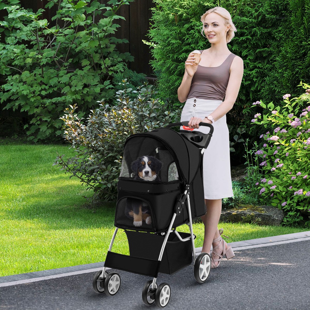 Carrinho de passeio dobrável para animais de estimação com 4 rodas, janelas de tela e cesto de armazenamento - Preto - Image 2