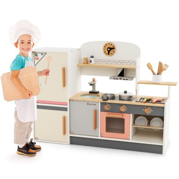 Cozinha de brinquedo de madeira para crianças, com coifa realista.