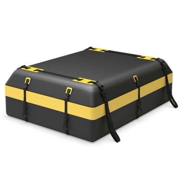 Bagageiro de teto para diversos tipos de veículos com tapete antiderrapante, trava para bagagem, cintas reforçadas, gancho para porta e bolsa com cordão.