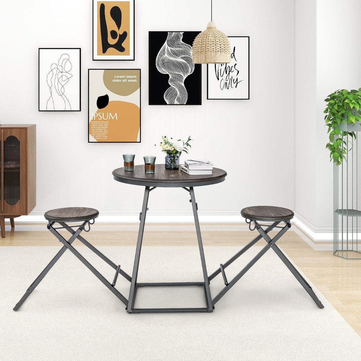 Conjunto de mesa de jantar de 3 peças com 2 banquetas dobráveis para espaços pequenos - Cinza - Image 2