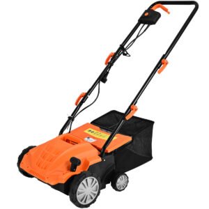 Aerador de gramado elétrico 1500W com 3 níveis de potência, profundidade de trabalho de 32 cm e dimensões de 104,5 x 51 x 103 cm, cor laranja.