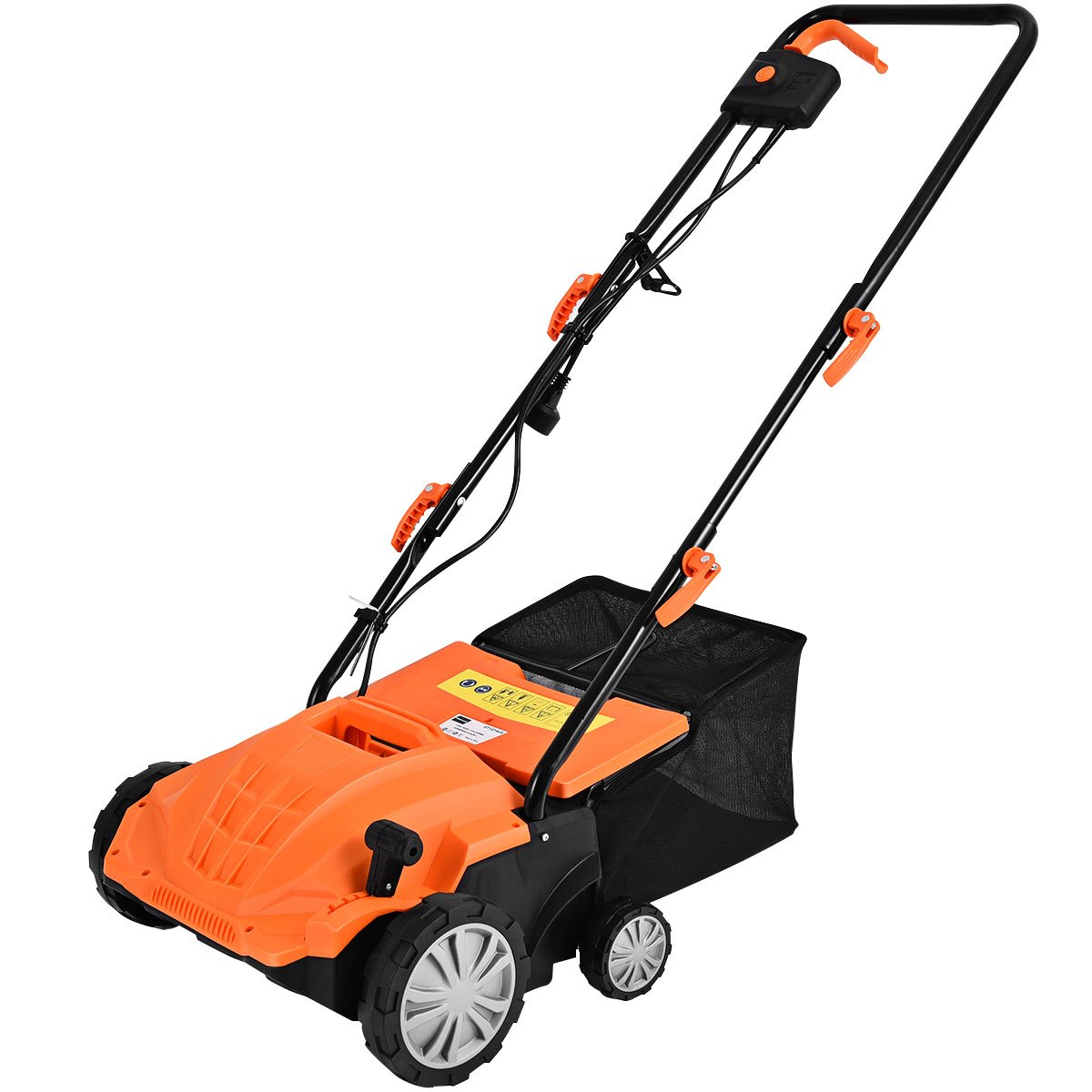 Aerador de gramado elétrico 1500W com 3 níveis de potência, profundidade de trabalho de 32 cm e dimensões de 104,5 x 51 x 103 cm, cor laranja.