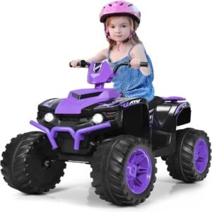 Quadriciclo elétrico infantil 12V com farol. Mini quadriciclo elétrico com música e buzina. Roxo.