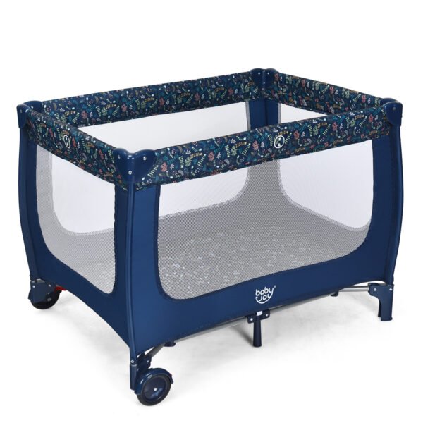 Berço tipo guarda-chuva para bebê com colchão, rodinhas e bolsa de transporte. Ideal para bebês de 0 a 36 meses. Carga máxima: 15 kg. Cor: Azul.