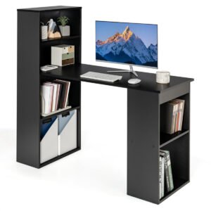 Mesa de computador moderna 3 em 1 em madeira com 6 prateleiras de armazenamento - Preta