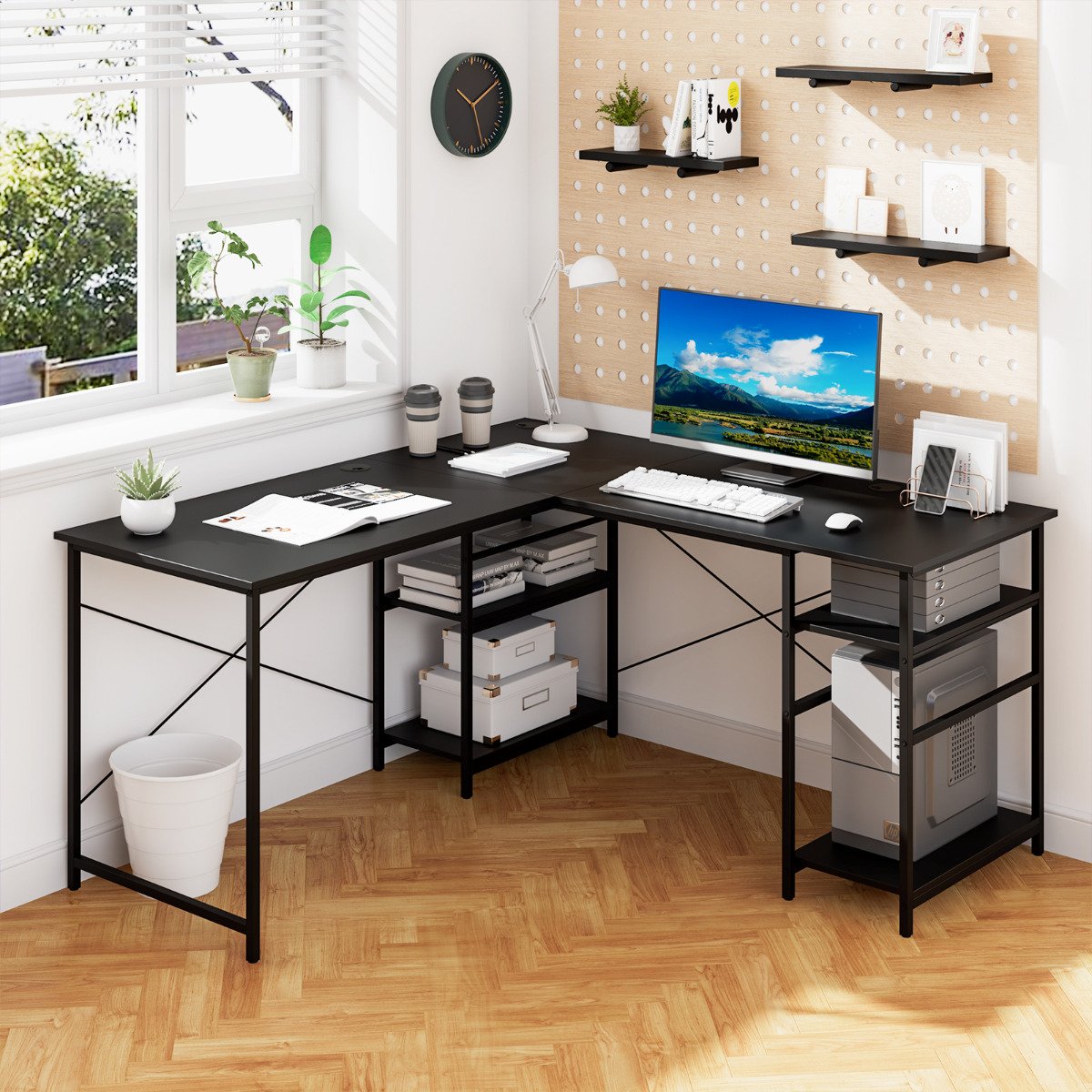 Mesa de computador conversível em formato de L de 151 cm com 4 prateleiras de armazenamento para escritório doméstico - Preta - Image 2