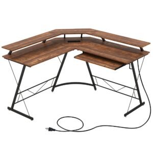 Mesa de canto com tomada elétrica, porta de carregamento USB e suporte para monitor, marrom rústico.